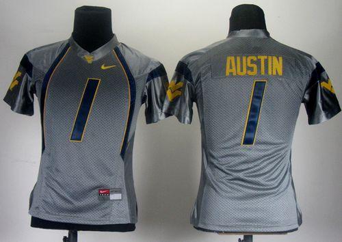 Mountaineers #1 Tavon Austin Grey Women's Stitched NCAA Jersey